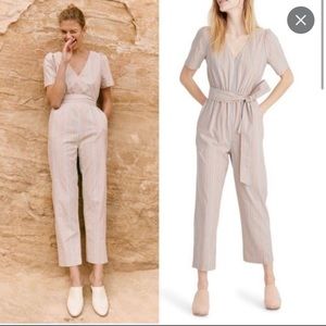Madewell puff-sleeved tie waist striped jumpsuit